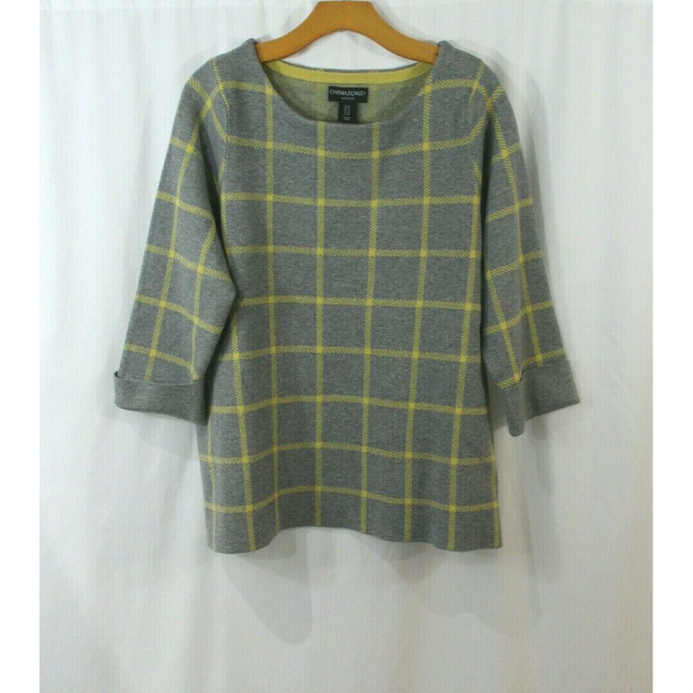 Cynthia Rowley Womens‎ Grey Yellow Window Plaid 3/4 Sleeve Sweater 1X